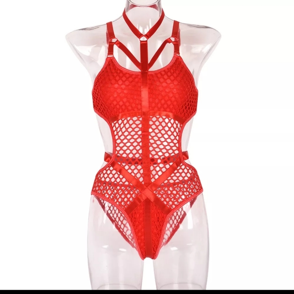 Red fishnet strappy harness bodysuit